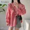 Women's Blouses Korean Vintage Black And White Plaid Doll Collar Shirt Women Top Spring Loose Drawstring Bubble Sleeve Clothing