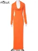 Lässige Kleider Habbris Orange mit Kapuze, figurbetontes langes Kleid, Party-Outfit für Frauen 2024 Winter, schwingender Kragen, Ärmel, Maxi-Mode