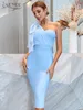 Adyce One Shoulder Womens Bandage Dress Fashion Sky Blue Mesh Bow Elegant Wedding Party Evening Summer Midi Club Outfits 240315