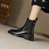 Botas outono mulheres sapatos de couro dividido para dedo do pé quadrado salto robusto casual deslizamento curto retro preto