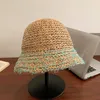 Chapeaux à large bord Version coréenne Épissage Chapeau de paille doux Femme Summer Bord de mer Seau de plage Grandes vacances Creux Pliant Sun Cap