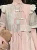 Vestidos casuais estilo chinês preppy mori menina kawaii em pé colar nó laço babados temperamento elegante rosa para mulheres