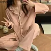 Pigiama da notte da donna Set da donna Solido morbido Casual Pijama Mujer Scollo a V Elegante da donna Stile giapponese Moda Pigiama Chic Manica intera