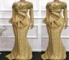 2022 Vestidos de noche de sirena árabe Use encaje con lentejuelas doradas por encargo Sexy fuera del hombro Prom Manga larga Robe De Marrige Sweep T5253060