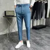 Men's Suits 2024 Mens Dress Pants Summer Fashion Dark Green Suit Pure Color Business Slim Fit Office Tight Cropped Trousers