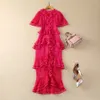 Women's Runway Dresses O Neck Layered Ruffles Short Sleeves Lace Patchwork Fashion Designer Party Prom Vestidos Gown