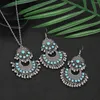 Ensemble de boucles d'oreilles et collier pour femmes, style Boho, couleur argent, géométrique, Vintage, Turquoises, perles, gitane, Oorbellen Jhumka