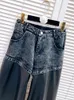 Calças de brim femininas cintura alta retalhos couro do plutônio preto solto em linha reta perna larga calças jeans 2024 moda inverno 29l5429