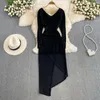 Casual Dresses Chic Dress Women V Neck Folds Irregular Solid Color Falda Sexy Mujer Side Split Bright Silk Slim Summer Drop