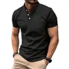 Camiseta masculina verão cor sólida camisa de manga curta com decote em v botão lapela até moda casual formal negócios top