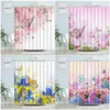 Cortinas de chuveiro borboleta flores rosa azul tulipa primavera rústico floral planta natureza cenário tecido decoração do banheiro conjunto ganchos