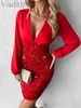 Casual Dresses Women Sexig Solid Color Deep V Neck Contrast Sequin Lantern Sleeve Plunge Bodycon Dress