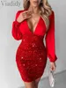 Casual Dresses Women Sexig Solid Color Deep V Neck Contrast Sequin Lantern Sleeve Plunge Bodycon Dress