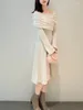 Casual Dresses Cross Kink V-hals axelbandslösa eleganta kvinnor 2024 Spring Japan Style Slim Fit Knit Robe Solid Long Sleeve Midi Vestidos