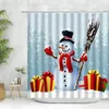 Shower Curtains Christmas Curtain Set Cartoon Cute Snowmen Pine Tree Snow Snowflakes Blue Bathroom Xmas Decor Fabric Cloth Hooks