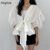 Kvinnors blusar Neploe 2024 Spring Ruched Shirts Women Y2k Vintage Puff Sleeve Simple V-Neck Slim Midje Ruffles Blusaas Mujer