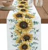 Nappe de table en lin avec feuilles d'eucalyptus vertes, chemin de tournesol jaune de ferme pour cuisine, salle à manger, décor de fête de mariage