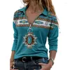 T-shirt da donna Vintage Y2k Streetwear Felpa casual Top a maniche lunghe con colletto con cerniera grafica turchese geometrica azteca