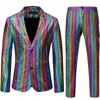 Mens Stage Prom Suits Shiny Rainbow Plaid Sequin Jacket Pants Men Dance Festival Christmas Halloween Party Costume Homme 240321