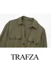 Lässige Kleider TRAFZA Damenmode ArmyGreen Umlegekragen Lange Ärmel Taschen Einreiher Frühlingskleid Frau 2024 Trendy