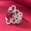 Cluster Ringen Bloem Ruby Diamond Ring Real 925 Sterling Silver Party Wedding Band Voor Vrouwen Bruids Verlovingssieraden