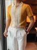 Summer Casual Slim Short Sleeve Polos Mens Skjorta Fashion Sticked Rands Patchwork Shirts Men Turndown Collar Knappade toppar 240321
