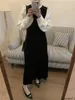 Casual Dresses Korean Chic Long Dress 2024 Spring Elegant Office Lady Bow Tie Temperament Patchwork Black Retro Vintage Women