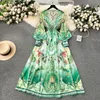 Grundläggande avslappnade klänningar 2024 Fashion Runway Green Red Flower Flowy Chiffon Lantern Dress Women Deep V Neck Long Sleeve Floral Print Boho Robe Vestido