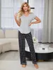 Accueil Vêtements Femmes Pyjamas Ensemble Manches Courtes Hauts Pantalons Longs 2 Pièces Avant Col En V Boutonné T-shirt Avec Plaid Pyjamas Loungewear Costume