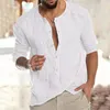 Men's Casual Shirts Loose Cut Men Shirt Vintage Solid Color With Round Neck Long Sleeves Breathable Thin Mid-length For Spring