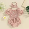Rompers Infant Baby Girl Summer Outfits Short Puff Sleeve Floral Print Romper With Headband Born Bodysuit