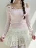 IAMTY Dolce Lace-up Slash Neck T-shirt Rosa Kawaii Manica lunga Top Primavera Casual Y2K Estetico Top Coreano Abiti carini 240315