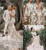 Champagne sereia vestidos de casamento renda 3d floral appliqued oco volta meia manga longa boho vestido de casamento praia plus size nupcial 8928197
