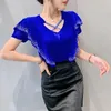 Women's T Shirts Korean Fashion Mesh Tops V Neck Hollow Out Ruffle Shirt Sexy Drilling Short Sleeved