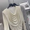 Blusas femininas estilo coreano elegante drape blusa com decote em v feminino 2024 primavera high-end simples decote em v manga longa topo camisas plissadas