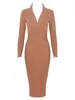 Sukienki swobodne Hqbory Winter Ladies Brown Sexy Deep V Mid Bandage sukienki Kobiety Długie rękawy Wysokiej jakości celebrytka impreza bodycon vestidos