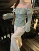 Blouses Femmes Onalippa Slash Cou Ligh Blue Denim Femmes Chic Design Manches Longues Chemises Coréen High Street Plissé Pull Solide