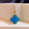 Mode 925 Sterling Silver Van Large Four Leaf Clover Halsband pläterad med 18K Blue Agate Double-Layer Lucky Grass Pendant Sweater Chain med logotyp