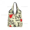 Love doodle coeur pliant sacs de fourre-tout pour femmes sacs de supermarché pour hommes sacables sac à main portable sac d'épicerie pour extérieur v9fx #