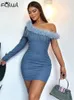 Casual Dresses Habbris Fall Fashion Blue Denim Booty Mini Dress Sexy Clubwear Outfit For Women 2024 One-shoulder Feathers Patchwork Short