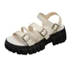 Sandaler Summer Women's Buckle Thick Sole For Ladies Solid Leather Belt Decorative Shoes Women Zapatos Paraes