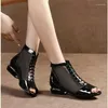 Casual Shoes 2024 Peep Toe Sandals Boots Women PU Leather Summer Mesh Low Heels Back Zip Female Footware