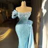 2024 Robes de bal pour femmes noires Robes de soirée bleues élégantes une épaule illusion dentelle pailletée robe d'anniversaire sirène deuxième robes de réception pour occasion AM608