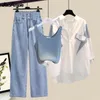 Frühling/Sommer passendes Set für Damen, lässig, gestreift, Sonnenschutz, Shirt, Weste, Jeans, dreiteilige koreanische, elegante Denim-Hosen 240329