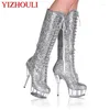 Chaussures de danse pour femmes, bottes hautes au genou, taille 15cm, 6 pouces, mode hiver moto, paillettes scintillantes