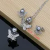 Colliers papillon Sier mariée gris perle perles ensembles de bijoux pour femmes aiguille boucles d'oreilles/pendentif/bague Animal bijoux collier ensemble