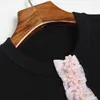 Kadın Örgü Moda Tatlı Dantel Birleştirilmiş Boncuklu O yakalı Triko Siyah Elegant Külot Uzun Kollu Sweaters 2024 Bahar Giysileri