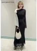 Casual klänningar 2024 Spring Summer Office Lady Sweet Elegance Big Bow Bell Sleeve Fishtail Sticked Dress for Women High-klass Slim