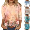 T-shirts pour femmes 3/4 manches pour femme mignon fleur imprimé graphique t-shirts chemisiers décontracté grande taille tops basiques pull Roupas Feminina 2024