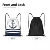 Aangepaste nautische blauwe ankers met blauwe en witte strepen Drawstring Tassen Lichtgewicht zeilen Sailor Sports Gym Opslag Backpack A7MH#